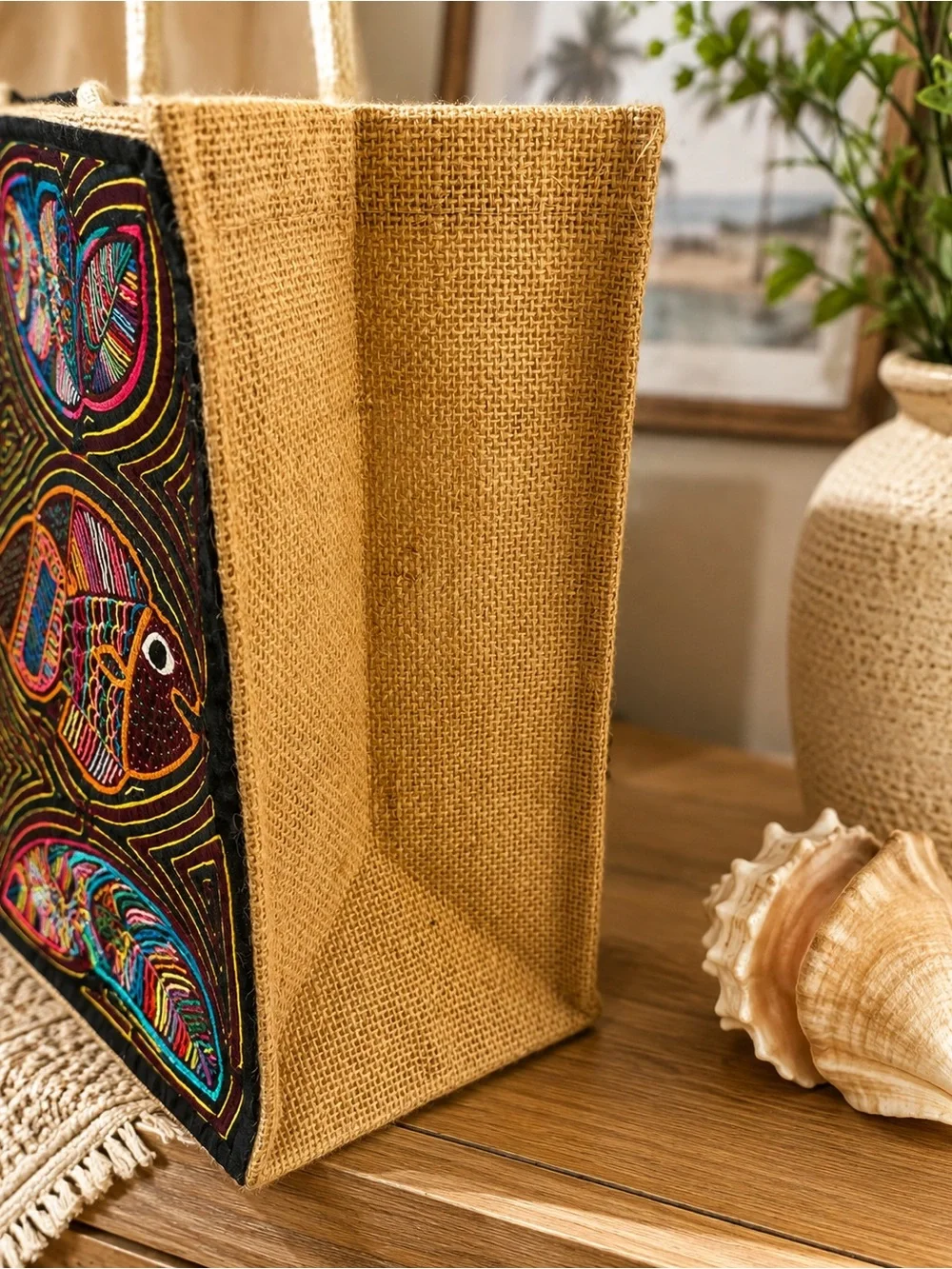 Kuna Mola Panama Jute Tote Bag Fish Folk Art Handcrafted